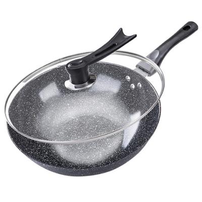 China Sustainable Cooking Wok Filters Heat Resistant Marble Coating Non-Stick Carbon Steel Wok With Glass Cover for sale