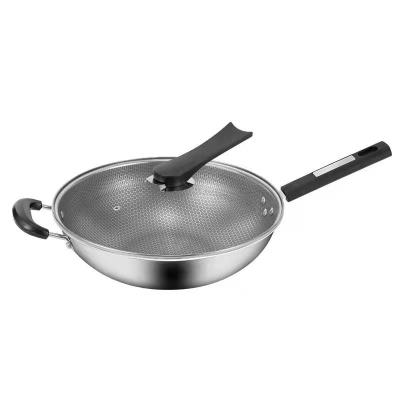 China Cheap viable commercial wok pan 403 thickened stainless steel non-stick wok with lid for sale