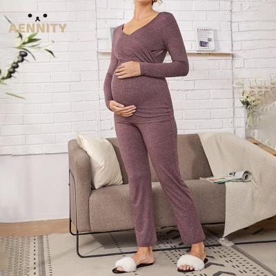 China Breathable Soft Wrap Cotton Cross Front Nursing Tee And Pants Sleepwear Care Loungewear Maternity Pajamas for sale