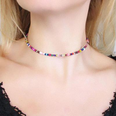 China New Style BOHEMIA Fashion Bohemian Short Neck Rice Chain Pearl Handmade Beaded Colorful Fashion Rainbow Bead Bohemian Necklaces for sale