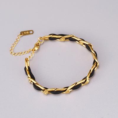 China Not Fade Wholesale Fashion Design 18K Gold Plated Retro Korean Leather Rope Bracelet Stainless Steel Jewelry Female Friend for sale