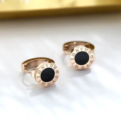 China Factory Wholesale FASHIONABLE Rose Gold Plated Black Roman Numeral Circle Earring Woman Ladies Jewelry Gift Stainless Steel Earring Not Fade for sale