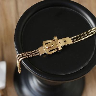 China TRENDY Fashion Belt Buckle European and American Three-Layer Chain Titanium Steel Plated 18k Gold Bracelet for sale