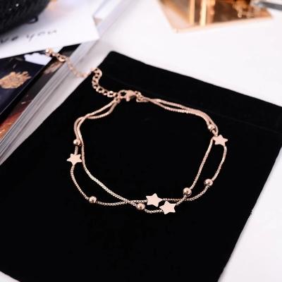 China FASHIONABLE Wholesale Anklet Charm Beach Stainless Steel Gold Double Layer Box Chain Star Anklet for sale