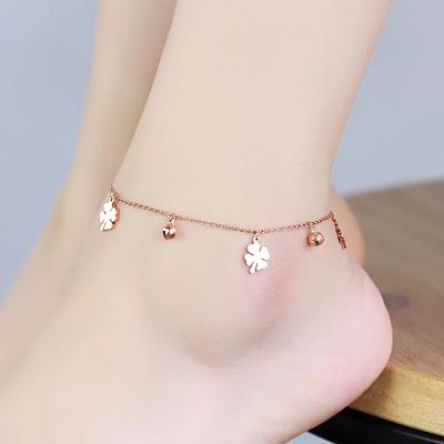 China FASHIONABLE Women Stainless Steel Cuban Link Rose Gold Anklet Flower And Bell Chain Gold Plated Anklets for sale