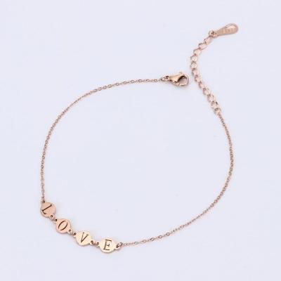 China FASHIONABLE Titanium Steel Plating Cuban Link Gold Anklets Rose Gold Color Love Letter Ankle Chain for sale