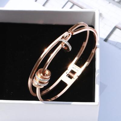 China FASHIONABLE Rose Gold Titanium Steel Multi Ring with Roman Numerals Super Shiny Full Crystal Bangle for sale