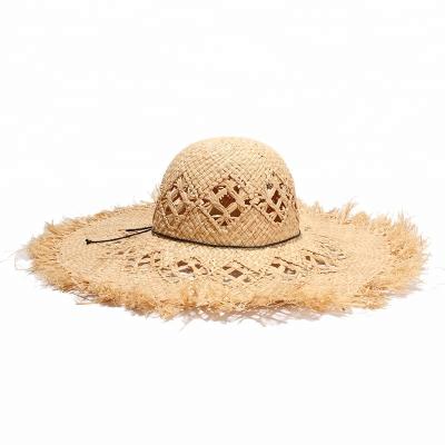 China Unisex Eco-Friendly Raw Material Raffia Brim Straw Beach Hat Sunny Straw Wide Hat With Fringe for sale