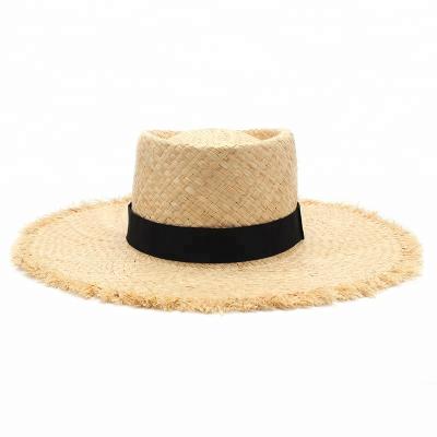 China Eco-friendly Custom Mini Raffia Straw Boater Hat Fedora Beach Sun Hat With Raw Material Color Natural Black Band for sale