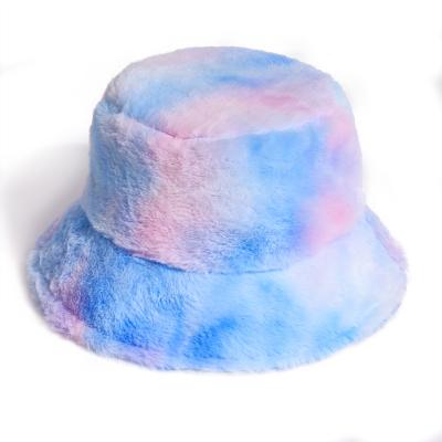 China Eco-friendly Dye Tie Fisherman Rainbow Faux Fur Winter Hat Soft Bucket Hat Warm Fishing Hat For Women Girl for sale