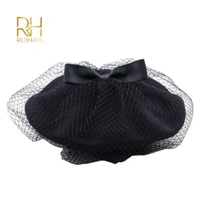 China Soft French Ladies Beret Hats Fashion Winter Painter Wool Hat For Women Artist With Net Bowtie Decoration for sale