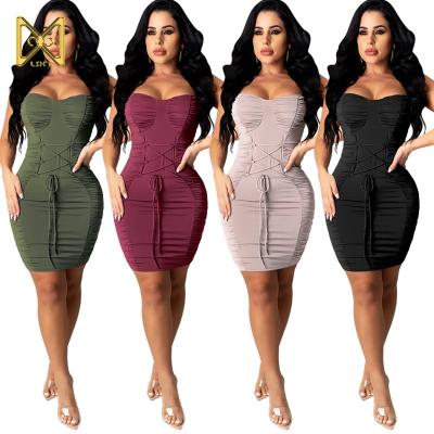 Chine 2021 Backless Strap Drawstring Solid Color Sexy Suspender Skirt Girls Party Club Fitted Mini Dress slip dress à vendre