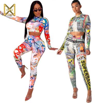 China women's fashion leisure newspapers suits set printed long sleeved two pices high-waist tight sports suit for sale