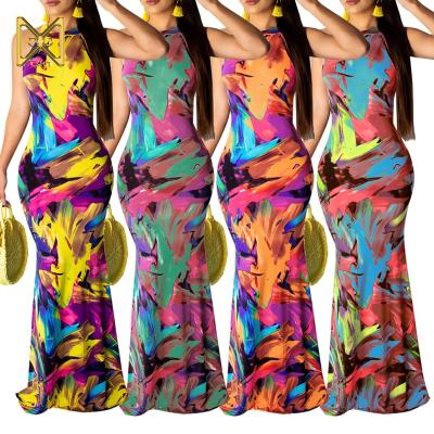 Chine Wholesale Clothing Summer 2021 Dress Sexy Maxi Dresses Boho Floral Print Sleeveless Halter Women Plus Size Dress à vendre