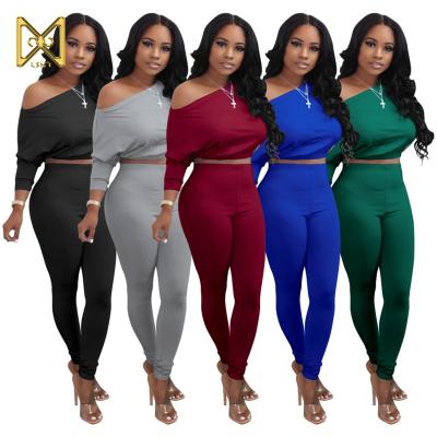 China Spring 2021 Ladies Casual Suits Fashion Off Shoulder Top Pants Twill Sweater Long Sleeve Two Piece Set for sale