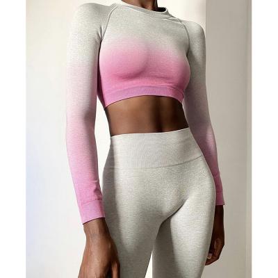 China Yoga Set 2021 Ombre Seamless Long Sleeve Yoga Top Set Gradient Color Change Fitness & Yoga wear for sale