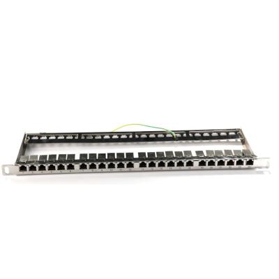 China PC cat6 24port plastic loaded 0.5u full 19in stainless steel integrated RJ45 coupler trapezoidal patch panel for sale