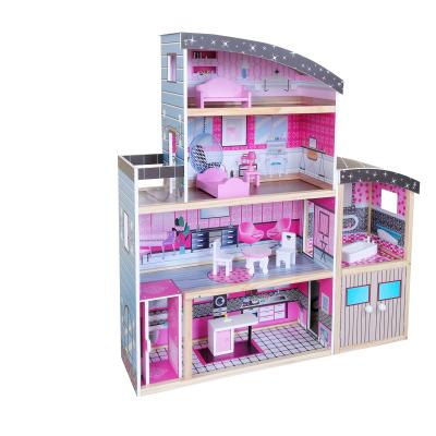 China New Cartoon Toy Hot Wooden Miniature Dollhouse Pink Pretend Play Dollhouse Kids Customizable Dollhouse for sale