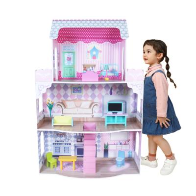 China DIY TOY Amazon Hit Dollhouse Miniature Furniture 3 Layer Pink Dollhouse Big For Girls for sale