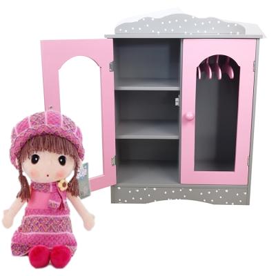 China Wooden Children Pretend Play Baby - Wooden Doll Furniture Fashion Doll Wardrobe with 3 Doll Hangers for sale