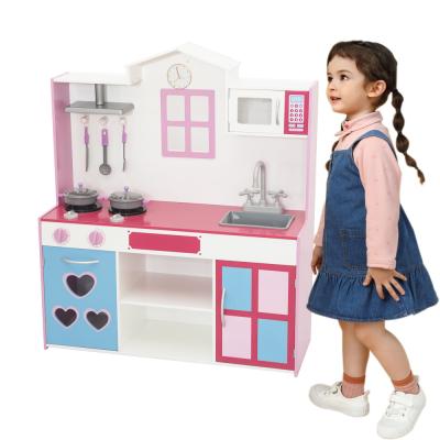 China Large luxury & Luminous Kitchen Kids Size Kitchen Toys Pretend Wooden Play Kids Kitchen Set For Kids Girls for sale