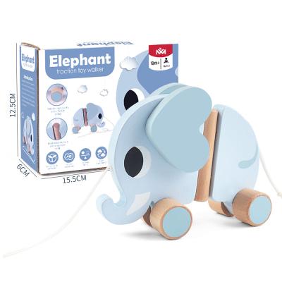 China High Quality Collection Children's Intelligence Baby Walker Drawstring Draw Rope Pull Elephant Wooden Trailer Moving Toy for sale