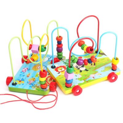 China Counting 2 Kinds Board High Quality Early Educational Walking Pull Along Car Wooden Counting Circles Bead Math Toy For Kids for sale