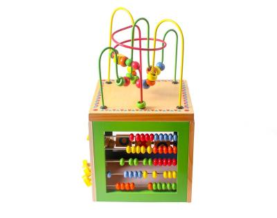 China Baby Activity Cube Wooden Toy Montessori Multifunctional Educational Toys Farm Bead Coaster Maze Activity Cube for sale