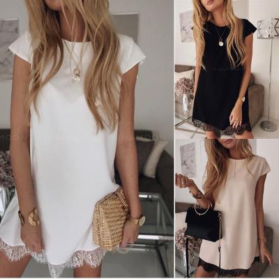 China Top Selling Solid Color Lace Crew Neck Short Sleeve Amazon Ebay Washable Loose Dresses Women Sundress Lace Dress for sale