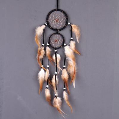 China Wholesale Handmade Indian Rainbow Feather Home Decor Europe 9cm+6cm Circles Double Dream Catcher Indonesia Rainbow for sale