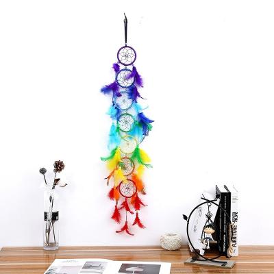 China Europe 7.5cm Large Handmade Rainbow Feather DreamCatcher Colored Dream Feather Catcher for sale