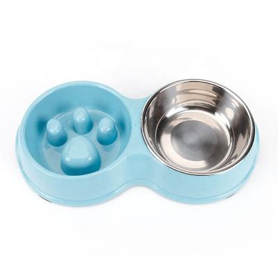 China Viable Wheat Straw Slow Food Dog Bowl Anti-Clogging Double Stainless Steel Bowl Pet Cat Food Bowl for sale