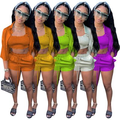 China 2021 New Arrival Summer Candy Color Anti-Static Crop Satin Top Vest With Three Piece Shirts And Snacks Minipants Set Streetwear for sale