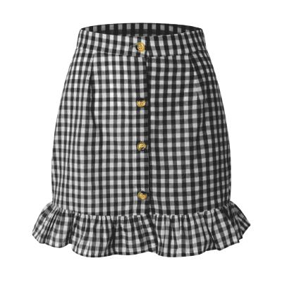 China 2021 summer small fresh plaid skirt women's border of the high waist breathable single button skirt ruffle plaid for sale