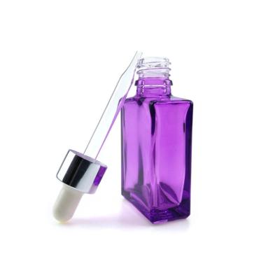 China 30ml Square Dropper Bottle 1oz Glass Bottle Eco-friendly White Black Clear Purple Amber Recyclable With Dropper for sale