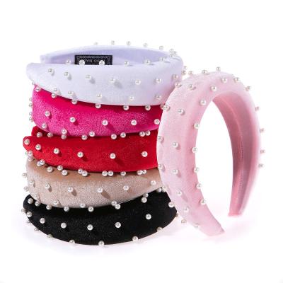 China 2020 High Quality Solid Sponge Pearl Sponge Sports Multicolor Headband For Lady Pure Color Simple Fashion Hairdband Sponge Headband With Pearl for sale