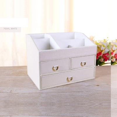 China Stocked 3 Drawer Makeup Organizer Storage Display Box PU Cosmetic Leather Jewelry Storage Boxes for sale