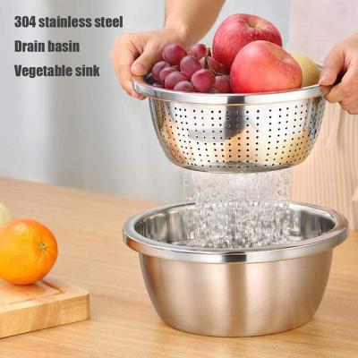 China Stainless Steel Heatable Rice Blanching Basin Kitchen Fruit Vegetable Drain Basket Bowl Set for sale