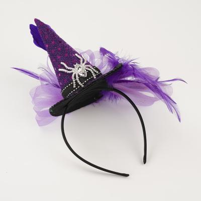 China Adult/Kids Popular Girl Headed Purple Headband Witch Feather Hats Halloween Decor Party Hair Band Hat for sale