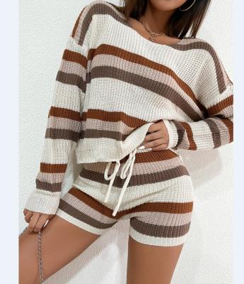 China QUICK DRY Plus Size Long Sleeve Two Piece Fabric Sweater Cotton Women Letter Oversized Color Rib Striped Sweater Suit Knit Shorts Set for sale