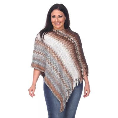 China Poncho Women Zigzag Striped Pattern Plus Size White Acrylic Mark Striped Fringe Knitted Poncho for sale