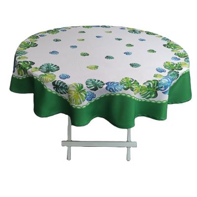 China Digital Printed Tropical Green Leaves Waterproof On 100% Polyester Plain Weave Round Table Cloth for sale