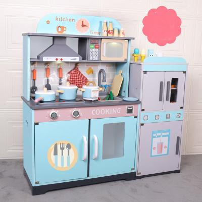 China Eco-friendly Material Wholesale Pretentious Fruit Vegetables Cutting Large Blue Wooden Kitchen Toy Children Furniture Sets for sale