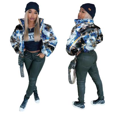 China 2020 Winter Breathable Hot Selling Women Plus Size Printed Elastic Waist Invests Jacket Zipper Bubble Padded Coats for sale