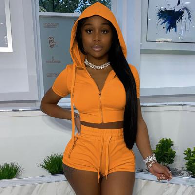 China Other Summer Clothes 2021 Solid Hooded Short Crop Top Hoodie With Zipper Jogger Gear Two Piece Shorts Pants Set For Women for sale