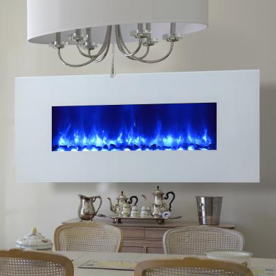 China white panel wall mounted electric fireplace heater long linear crystal stone fuel decor home muti-colorful flame effect for sale