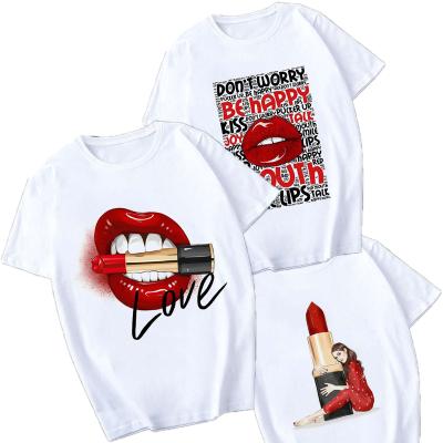 China Hot Selling Fashion QUICK DRY QUICK DRY Lips Printed T Shirt For Women Short Sleeve Oversized Round Neck White Modal Tee for sale