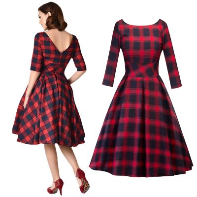 China Cheap Breathable Plus Size Casual Women Dress Elegant Half Sleeve Plaid Party Wear Backless Cocktail Dress for sale