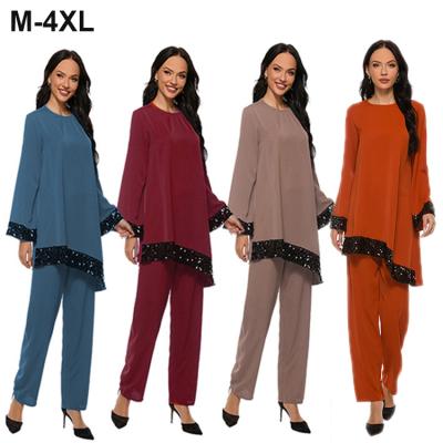 China Best Selling Dubai Clothing Sequins Asymmetric Beading Long Sleeve Casual Islamic Suit Plus Size Muslim Women Two Piece Pants Set 21013 21013 for sale