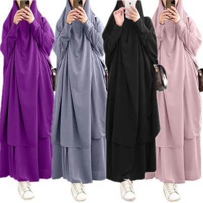 China New Arrival Plain Nida Color 2 Pieces Closed To Pray Abaya Set With Hood Khimar Islamic Clothing Women Black Muslim Pants Long Dress 21423# 21423# for sale